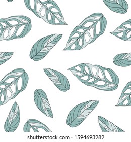 Mint Exotic Tree Vector Seamless Pattern. Tropical Jungle Illustration California Design. Swamp Leaves Modern Pattern. Indigo Palm Leaf Print. White background.