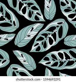 Mint Exotic Tree Vector Seamless Pattern. Tropical Jungle Illustration California Design. Swamp Leaves Modern Pattern. Indigo Palm Leaf Print. Black background.