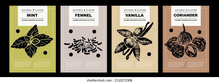 Mint, fennel, vanilla, coriander. Set of posters of spices and herbs in a abstract draw design. Label or poster for food preparing and culinary. Simple, flat design. For poster, cover, banner. 