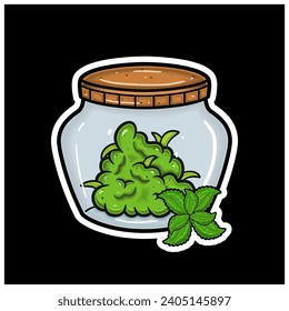 Flavor de menta con mascota de caricatura de maleza en jar. Para pegatinas y etiquetas. Vector e Ilustración.