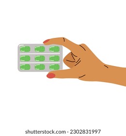 Mint flavor chewing gum. Fresh breath, hygiene. A hand holds a pack of gum. Vector flat illustration.