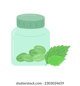 Mint flavor chewing gum. Fresh breath, hygiene. A bottle of dragees. Vector flat illustration.