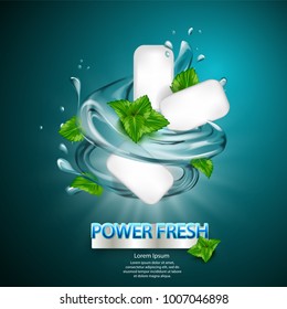 mint flavor gum ad with leaf and water splash element,on light blue background, 3d illustration