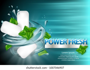 mint flavor gum ad with leaf and water splash element,on light blue background, 3d illustration