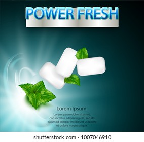 mint flavor gum ad with leaf mint on light blue background, 3d illustration