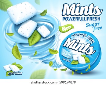 mint flavor gum ad with leaf and tornado element, isolated light blue background, 3d illustration