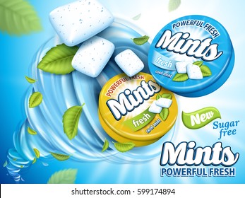 mint flavor gum contained in blue and yellow cases, isolated light blue background, 3d illustration