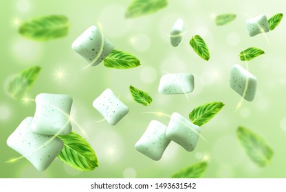 Mint flavor gum with leaf mint on light green background. Vector realistic illustration