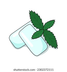 Mint flavor gum pads with fresh mint leaves, doodle style flat vector illustration for coloring book