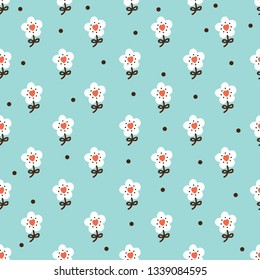 Mint floral seamless texture, endless pattern with flowers, love and polka dots. Seamless pattern can be used for wallpaper, pattern fills, web page background, surface textures