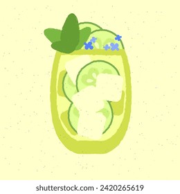 Сocktail with mint, flowers, cucumber. Detox drink. Alcohol drink for bar. Cold soft liquid with ice cubes. Tumbler glass. Non-alcoholic beverage. Flat vector illustration with texture