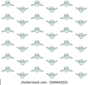 Mint flying owl seamless pattern on white background hand drawn style. Limited color palette. For children.