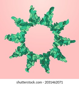 Mint Foliage Herbal Vector Pink Background Plant. Abstract Greens Poster. Forest Leaves Flying Backdrop. Leaf Blur Branch.