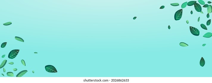 Mint Foliage Spring Vector Panoramic Blue Background Pattern. Motion Leaves Wallpaper. Grassy Leaf Ecology Brochure. Greens Blur Template.
