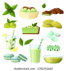 Mint food set, collection of desserts and beverages isolated on white, vector illustration. Refreshing mojito drink, summer cafe menu. Fresh spearmint smoothie, cake with mint flavor, candy, ice cream