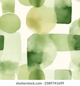 Mint Forest Green Sap Olive Grey White Abstract Geometric Square Circle Watercolor Scandinavian Design Seamless Pattern Wallpaper Curtain Bedding Upholstery Fabric Pastel Background Vector