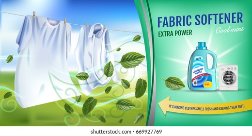 Mint fragrance fabric softener gel ads. Vector realistic Illustration with laundry clothes and softener rinse container. Horizontal banner