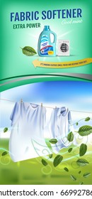 Mint fragrance fabric softener gel ads. Vector realistic Illustration with laundry clothes and softener rinse container. Vertical banner