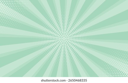 Mint green abstract background with light of sunburst. Abstract starburst with halftone. Sun ray retro background with flash,