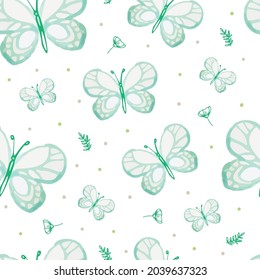 Mint green abstract butterfly pattern with tiny wildflower vector illustration.