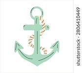 Mint green anchor with rope, nautical symbol, maritime equipment, sailing and sea adventure illustration isolated