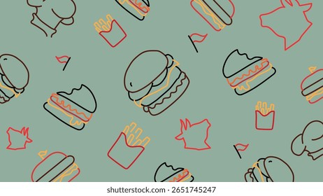 Mint green background with burgers, fries, flags, chef hats, and meat cuts. A playful food illustration for restaurants, food trucks, and casual dining.