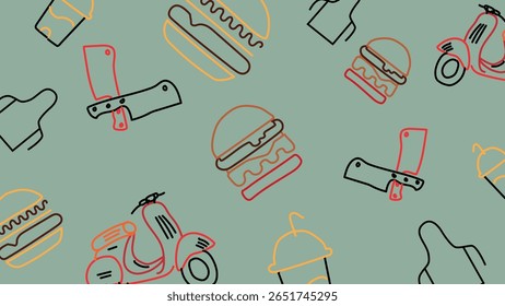 Fundo verde menta com hambúrgueres contornados, cutelos, aventais, bebidas e scooters. Um design de fast food moderno com ícones de grelha e entrega.