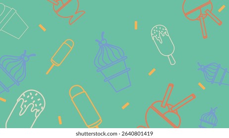 Mint green background with outlined desserts including cones, sundaes, and popsicles in orange, purple, and white. A fresh and modern dessert layout.