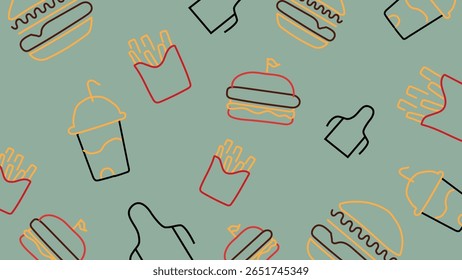 Mint green background with outlined fries, burgers, and cold drinks in red, yellow, and black. A playful fast food design for restaurant, snack bar, or delivery branding.