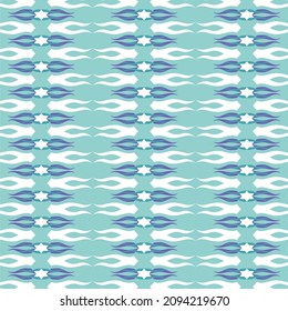 mint green background with repeated white and blue abstract pattern