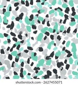 Mint green and black leopard spots, with soft brush strokes on a white background, tiny leopard seamless pattern vector illustration, doodle summer, kids and baby designs for print fabric.