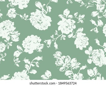 Mint Green Botanic Florals Silhouette Seamless Digital Print Pattern Design In Vector . Monochrome Geo Ornament 