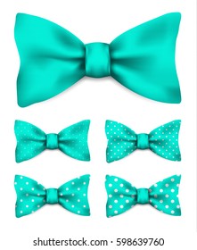 Mint green bow tie with white dots realistic vector illustration set isolated on white background