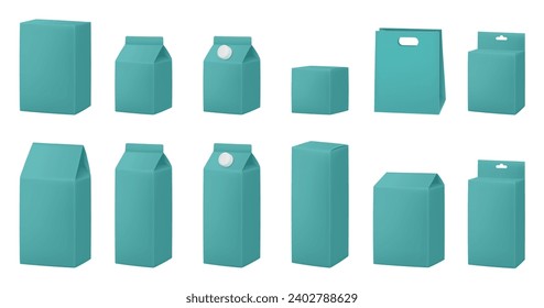 Mint green boxes for dairy products. Blank cardboard package boxes mockup. Box set. Set of juice or milk cardboard package. Vector mockup. Realistic carton package with cap. Hanging hole. Shopping bag