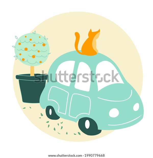 Mint green car with cat\
sitting on top cartoon vector illustration. Travelling or car\
renting concept
