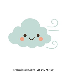 Mint green cloud with smiling face and wind swirls, great for soft weather illustrations, sky decor, and breezy air movement designs.