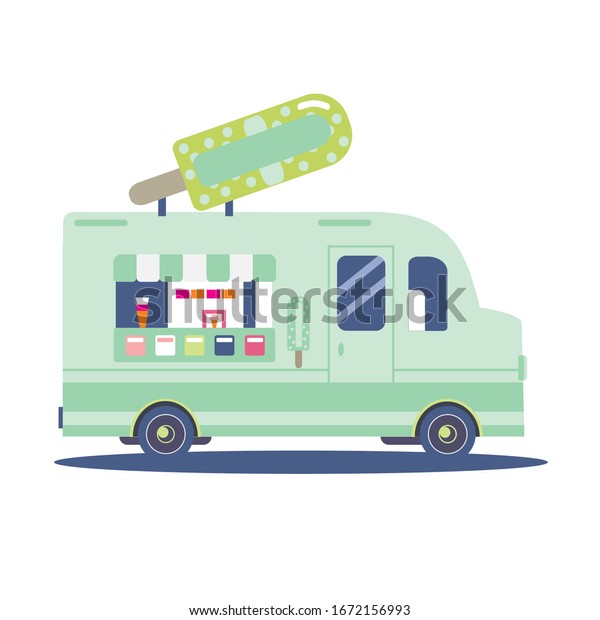 Mint green\
color ice cream truck vector on isolated background. Colorful\
street food van side view flat\
illustration.