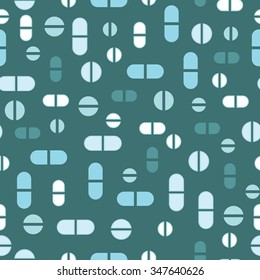 mint green colored flat medicine vector illustration, hand drawn pills seamless pattern 