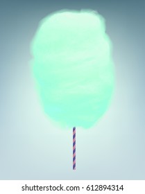 Mint green cotton candy. Realistic sugar cloud with striped stick. Vector isolated object illustration.