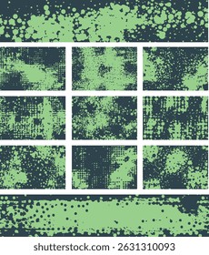 Mint green and dark grey distressed vector texture set. Grungy, speckled, and halftone patterns for high-impact, modern, or abstract designs. Ideal for digital art.
