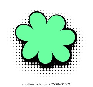 A mint green floral graphic with a pop art feel stands out with bold black contours against a white background, punctuated by a halftone dot pattern for added visual interest.