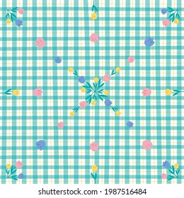 Mint Green Gingham Tulip Flower Patterns  Background Editable Stroke. Vector Illustration Tablecloth, Picnic mat, Fabric pattern, Textile.