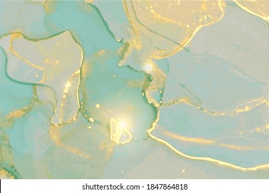 Mint green, grey, and gold stone background with texture of marble. Alcohol ink oriental technique. Abstract vector art. Flow paint in natural colors with glitter. Template for banner, poster.