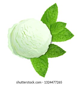 Mint green ice cream with mint leaves isolated on white background, top view