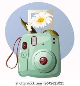Mint Green Instant Camera with Daisy Flower Photo. Aesthetic Floral Retro Summer Travel Concept Illustration