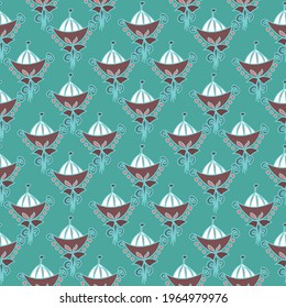 Mint green and maroon red vector repeating abstract shapes pattern arranged symmetrically with vibrant aqua outlines