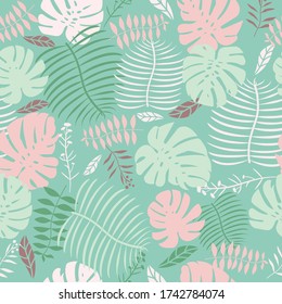 Mint green monstera tropical swiss cheese plant leaf seamless vector pattern. Light green and pink hues, fern leaf, wild flower silhouette countour shapes.