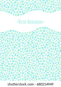 Mint green mosaic borders, frame, background with empty area for text. Seamless in horizontal direction. Inlay, tiny polygon pieces, ceramic tile imitation texture with wavy edge.