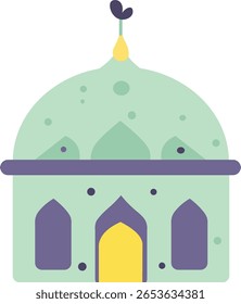 Mesquita verde da casa da moeda com crescente dourado, detalhes pontilhados e forma de cúpula minimalista, projetada para projetos de vetor de celebração Ramadã ou Eid limpos.