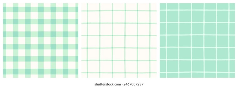 Mint green patchwork quilt gingham check and grid seamless vector pattern set. Pastel green and white vichy check and hand-drawn grid background, vintage plaid repeat print collection.